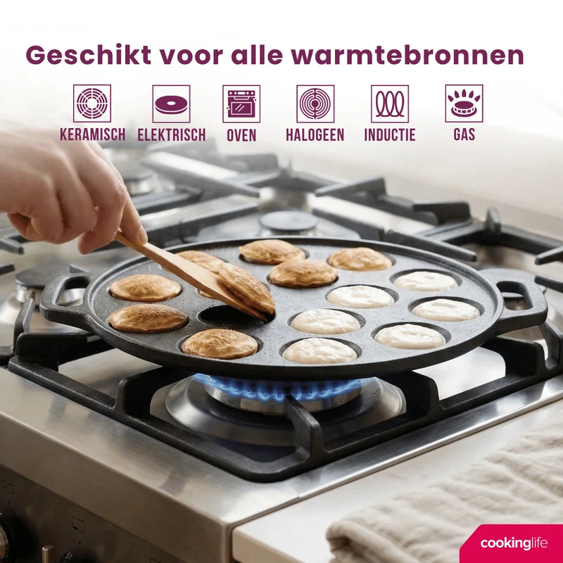Cookinglife Poffertjespfanne Gusseisen Ø 24 cm – 15 Poffertjes – ohne Antihaftbeschichtung – geeignet für alle Wärmequellen