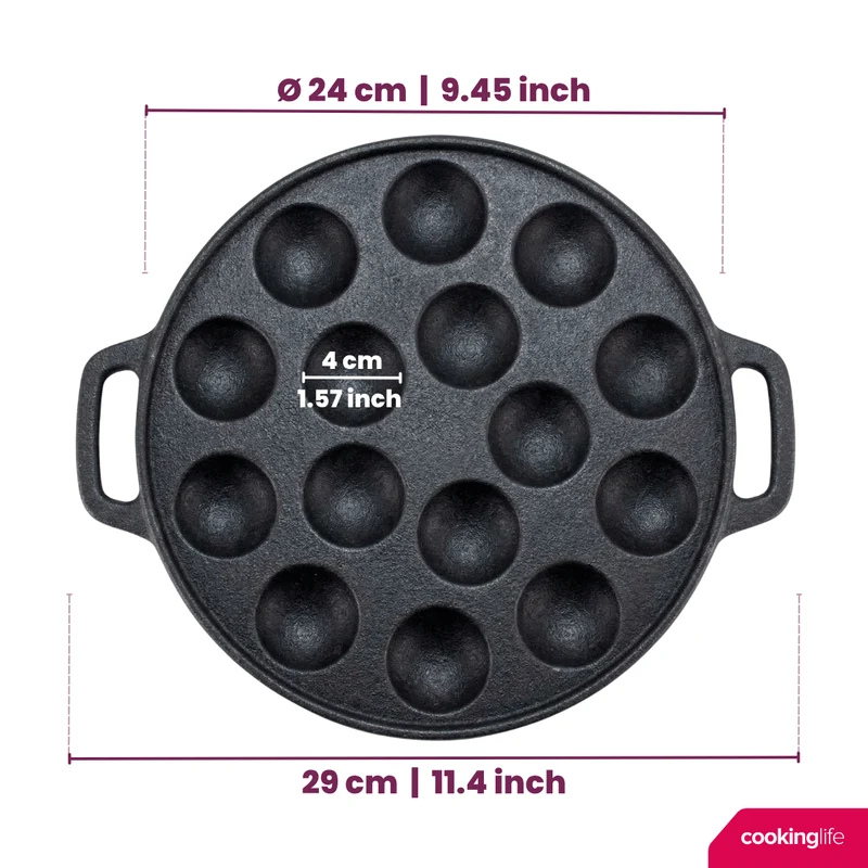 Cookinglife Poffertjespfanne Gusseisen Ø 24 cm – 15 Poffertjes – ohne Antihaftbeschichtung – geeignet für alle Wärmequellen