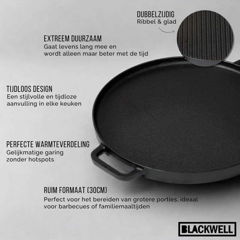 Blackwell Grillplatte BBQ / Backplatte aus Gusseisen Ø 30 cm – ohne Antihaftbeschichtung – beidseitig