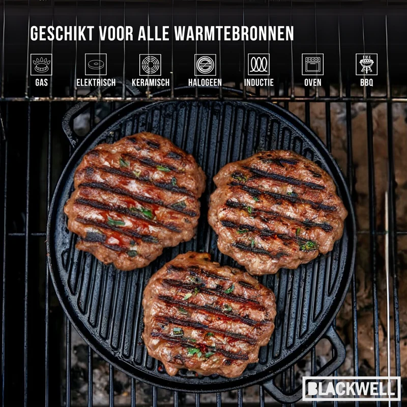 Blackwell Grillplatte BBQ / Backplatte aus Gusseisen Ø 30 cm – ohne Antihaftbeschichtung – beidseitig
