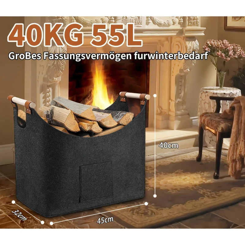Filz-Kaminholzkorb FELDURA | Vouwbaar | 55L Volume | Met houten handgrepen & leren details | Donkergrijs