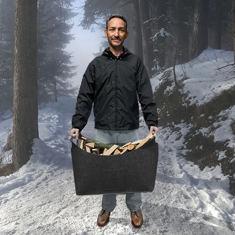 Filz-Kaminholzkorb FELDURA | Vouwbaar | 55L Volume | Met houten handgrepen & leren details | Donkergrijs