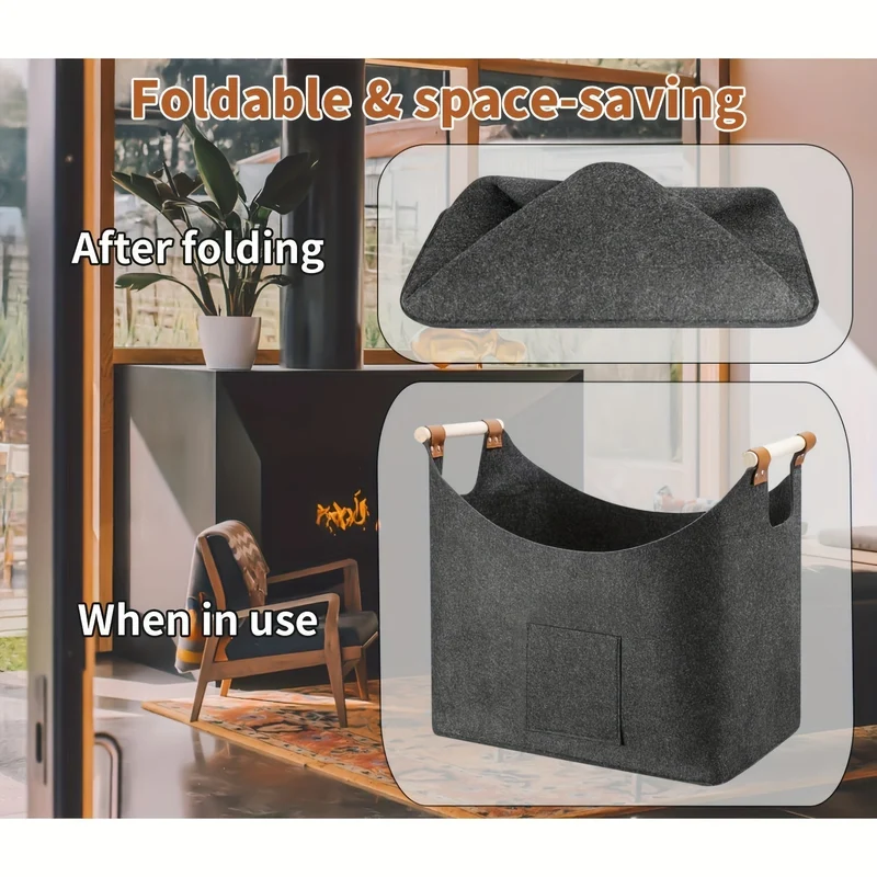 Filz-Kaminholzkorb FELDURA | Vouwbaar | 55L Volume | Met houten handgrepen & leren details | Donkergrijs