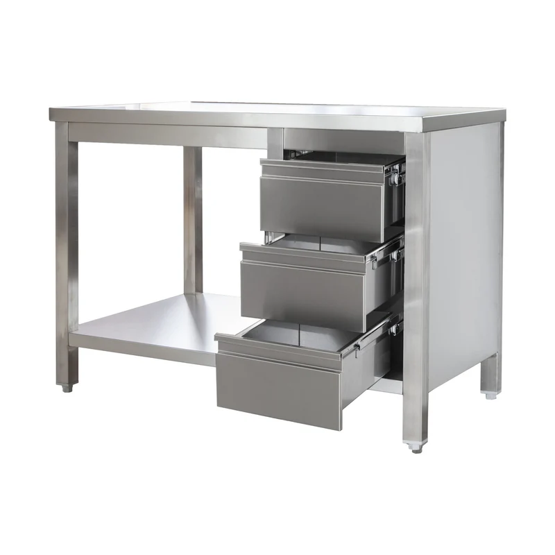 Edelstahl Arbeitstisch mit Schubladenblock rechts verschweißt – Bautiefe 600mm – mit Grundboden – AISI 304 – Breite 2400 mm