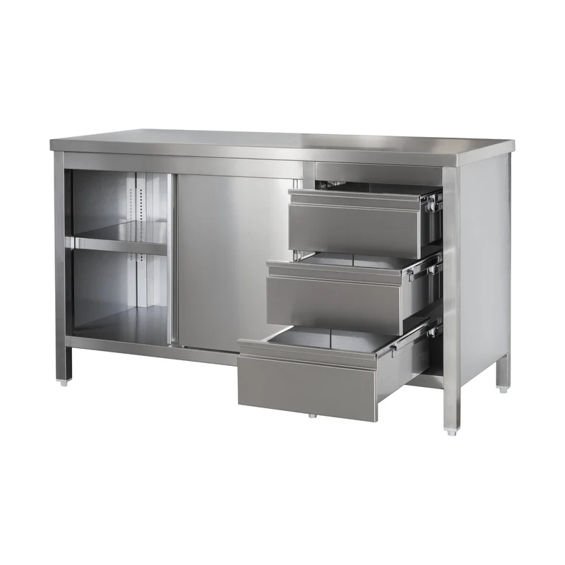 Edelstahl Arbeitsschrank mit Schubladenblock rechts. Türen und höhenverstellbaren Zwischenboden – Bautiefe 800mm – AISI 304 – Breite 1200 mm