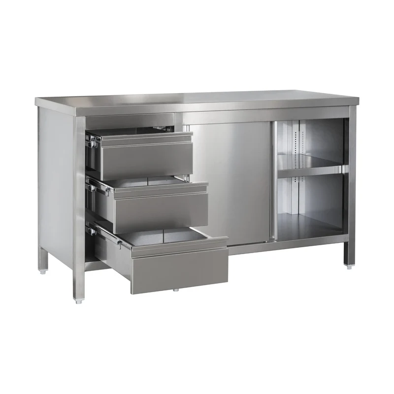 Edelstahl Arbeitsschrank mit Schubladenblock links. Türen und höhenverstellbaren Zwischenboden – Bautiefe 800mm – AISI 304 – Breite 2500 mm