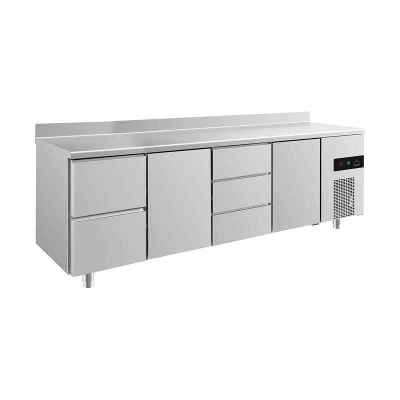 Kühltisch -2 bis +8°C 2330x700x850mm mit 2x Türen, 1x zwei Schubladen und 1x 3 Schubladen u. Aufkantung – Art.-Nr. KT4ZTDTA