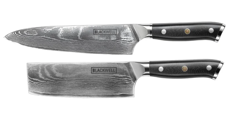 Blackwell Messerset (Kochmesser + Gemüsemesser / Nakiri-Messer) – Japanischer Stil – 67 Lagen Damaszenerstahl – VG10 – 2-teilig