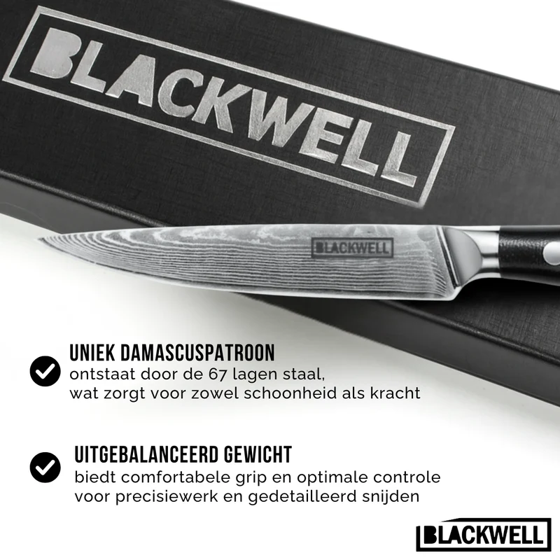 Blackwell Messerset (Kochmesser + Gemüsemesser + Schälmesser) – Japanischer Stil – 67 Lagen Damaszenerstahl – VG10 – 3-teilig