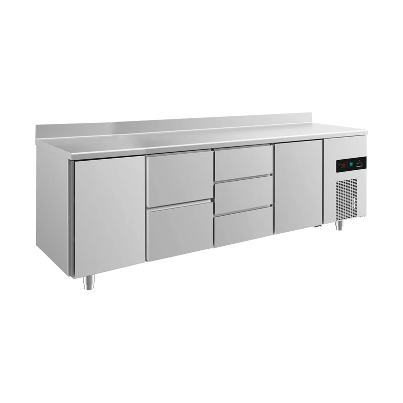 Kühltisch -2 bis +8°C 2330x700x850mm mit 2x Türen, 1x zwei Schubladen und 1x 3 Schubladen u. Aufkantung – Art.-Nr. KT4TZDTA