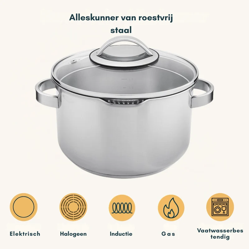 Sola Topfset Pearl 4-teilig – Edelstahl – downdraft-geeignet – Kochtöpfe Ø 16, 18, 20 cm & Stieltopf Ø 16 cm – geeignet für alle Herdarten