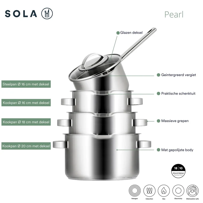 Sola Topfset Pearl 4-teilig – Edelstahl – downdraft-geeignet – Kochtöpfe Ø 16, 18, 20 cm & Stieltopf Ø 16 cm – geeignet für alle Herdarten