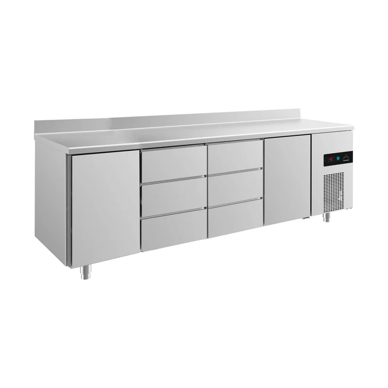 Kühltisch -2 bis +8°C 2330x700x850mm mit 2x Türen und 2x drei Schubladen u. Aufkantung – Art.-Nr. KT4TDDTA