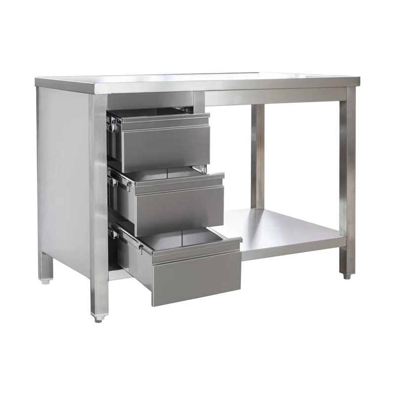 Edelstahl Arbeitstisch mit Schubladenblock links verschweißt – Bautiefe 700mm – mit Grundboden – AISI 304 – Breite 2000 mm