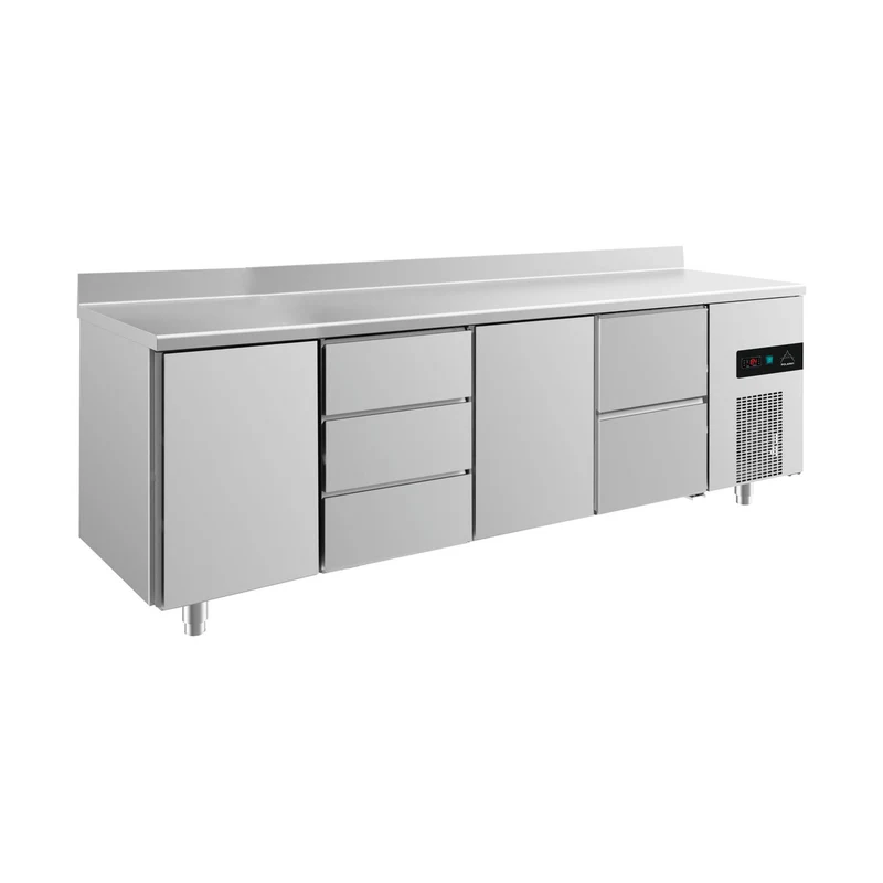Kühltisch -2 bis +8°C 2330x700x850mm mit 2x Türen, 1x zwei Schubladen und 1x 3 Schubladen u. Aufkantung – Art.-Nr. KT4TDTZA