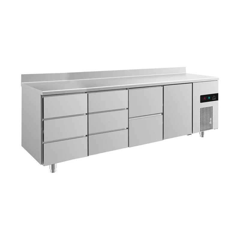 Kühltisch -2 bis +8°C 2330x700x850mm mit 1x Tür, 1x zwei Schubladen und 2x 3 Schubladen u. Aufkantung – Art.-Nr. KT4DDZTA