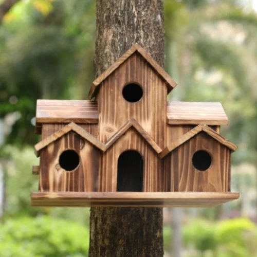 SongbirdHaven Handgemaakt Houten Vogelhuisje met 6 Ingangen voor Uw Tuin