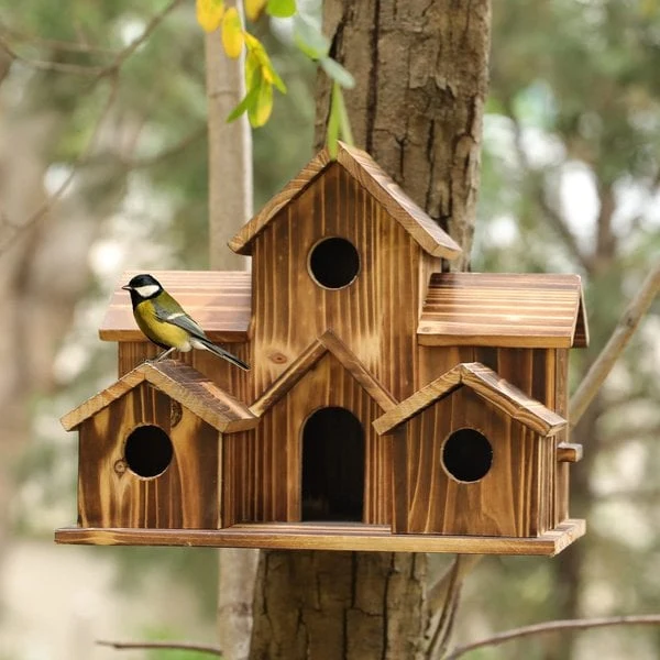 SongbirdHaven Handgemaakt Houten Vogelhuisje met 6 Ingangen voor Uw Tuin