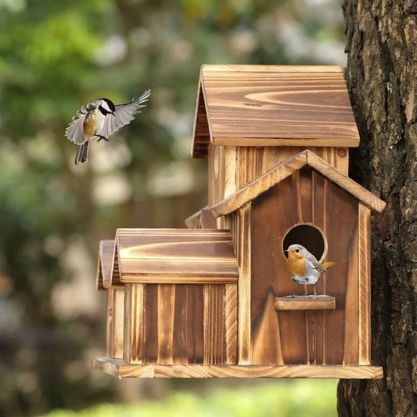 SongbirdHaven Handgemaakt Houten Vogelhuisje met 6 Ingangen voor Uw Tuin