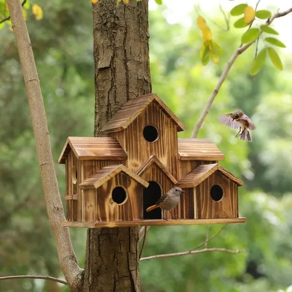 SongbirdHaven Handgemaakt Houten Vogelhuisje met 6 Ingangen voor Uw Tuin