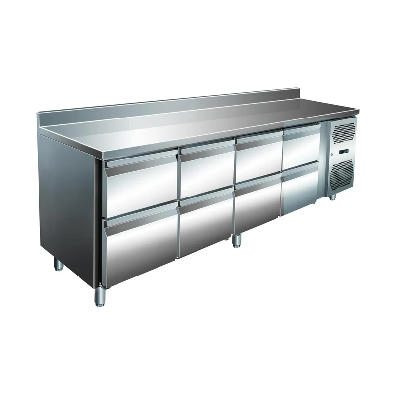 VIP Kühltisch mit 4x 2 Schubladen und Aufkantung -2 bis +8°C 2.230x700x960 mm