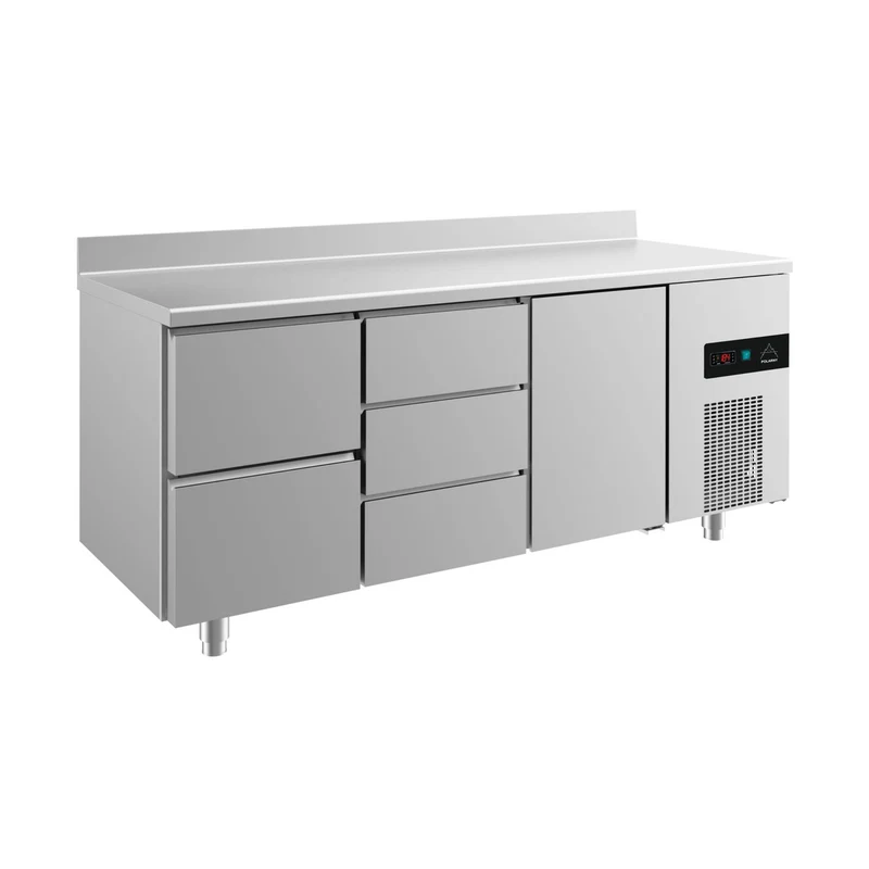 Kühltisch -2 bis +8°C 1865x700x850mm mit 1x Tür, 1x zwei Schubladen und 1x drei Schubladen u. Aufkantung – Art.-Nr. KT3ZDTA