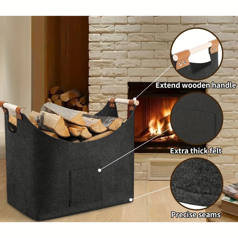 Feldura Opvouwbare Vilten Houtmand 55 liter met Houten Handvatten en Lederen Accenten, Donkergrijs