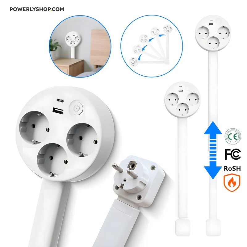 Smart Uitschuifbaar Stopcontact met USB | 3 Stopcontacten + Uitrekarm + 180° Draaiarm