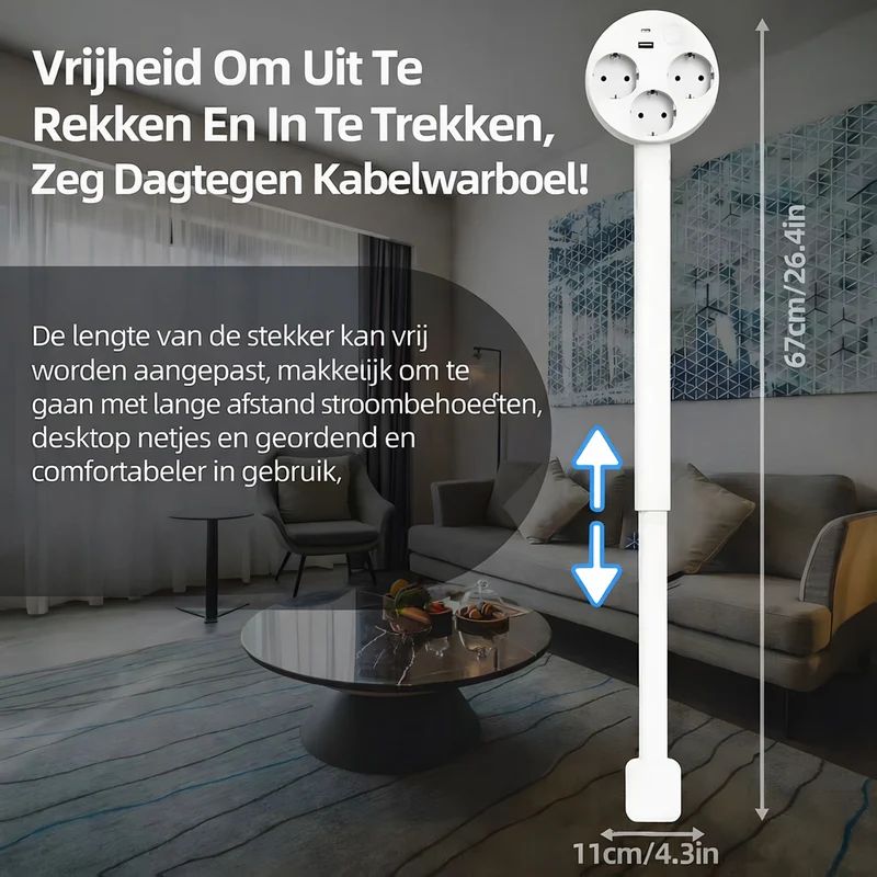 Smart Uitschuifbaar Stopcontact met USB | 3 Stopcontacten + Uitrekarm + 180° Draaiarm
