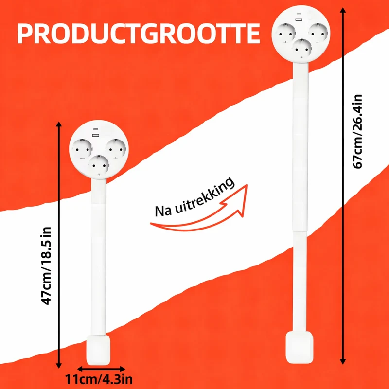 Smart Uitschuifbaar Stopcontact met USB | 3 Stopcontacten + Uitrekarm + 180° Draaiarm