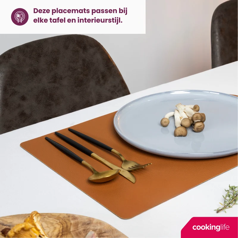 Cookinglife 6 Platzsets + 6 Untersetzer - Doppelseitig - Veganes Leder - Schwarz / Cognac - 12 Stück