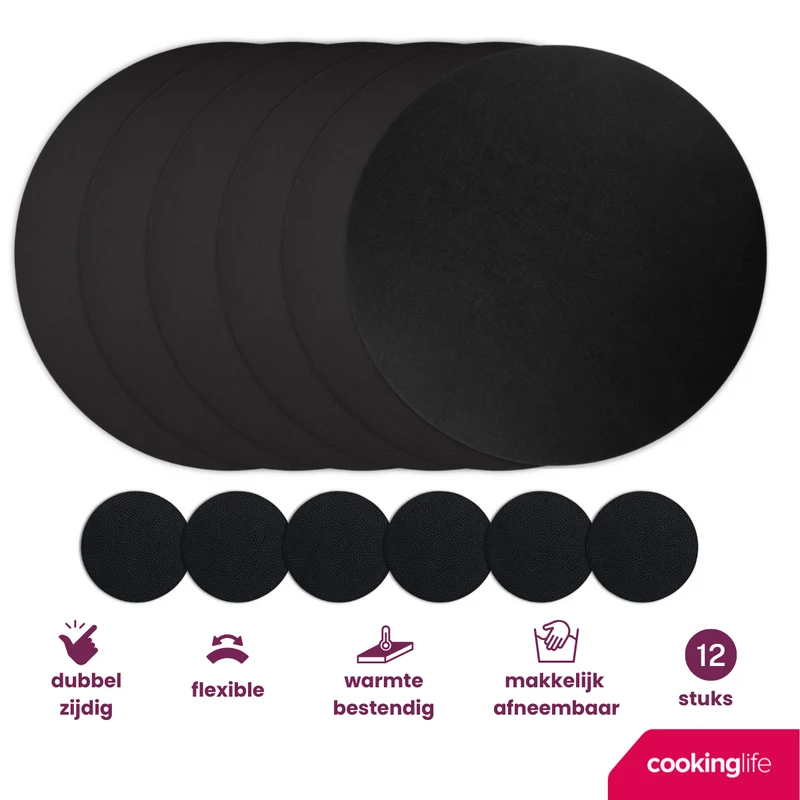 Cookinglife 6 Platzsets + 6 Untersetzer - Rund - Veganes Leder - Schwarz - 12 Stück