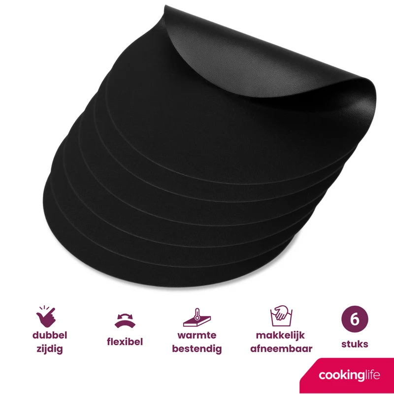 Cookinglife Tischsets - Veganes Leder - Schwarz - ø 38 cm - 6 Stück