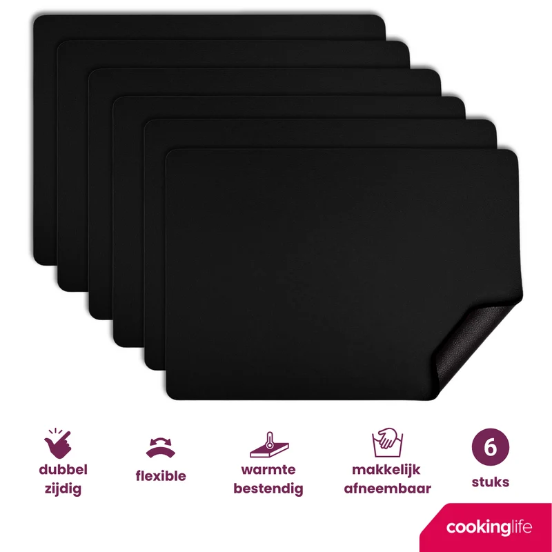 Cookinglife Tischsets - Veganes Leder - Schwarz - 46 x 33 cm - 6 Stück