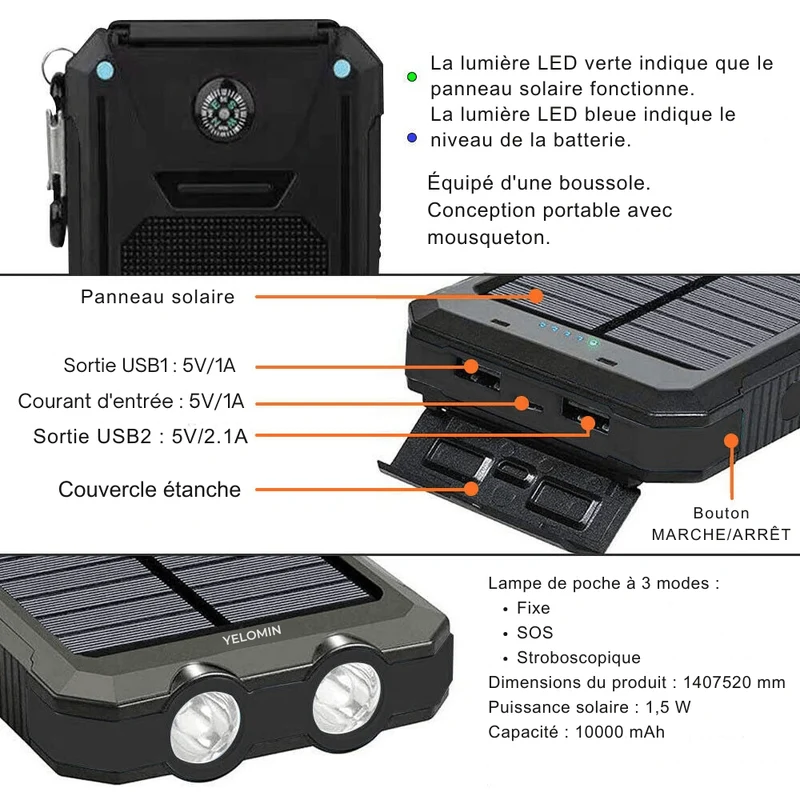 Waterdichte Schokbestendige Zonnebatterij 10.000 mAh | Zonne-oplaadbaar