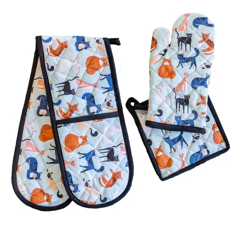 Ofenhandschuhen und Topflappen-Set, buntes Katzenmotiv