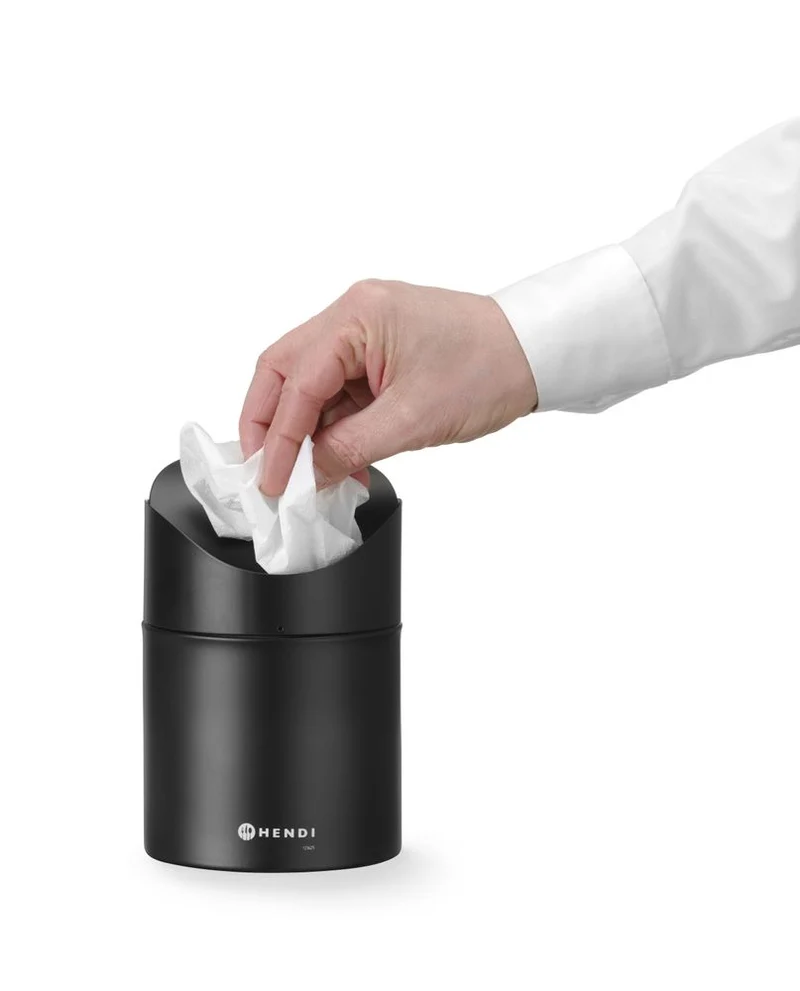 HENDI Tischabfalleimer mit Schwingdeckel – 1,2 l – Schwarz – Ø 120 × H 165 mm