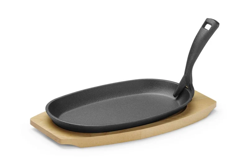 HENDI Gusseisenplatte mit Holzunterlage und Griff – Oval – Schwarz – 280 × 143 × H 33 mm