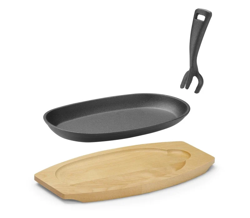 HENDI Gusseisenplatte mit Holzunterlage und Griff – Oval – Schwarz – 280 × 143 × H 33 mm