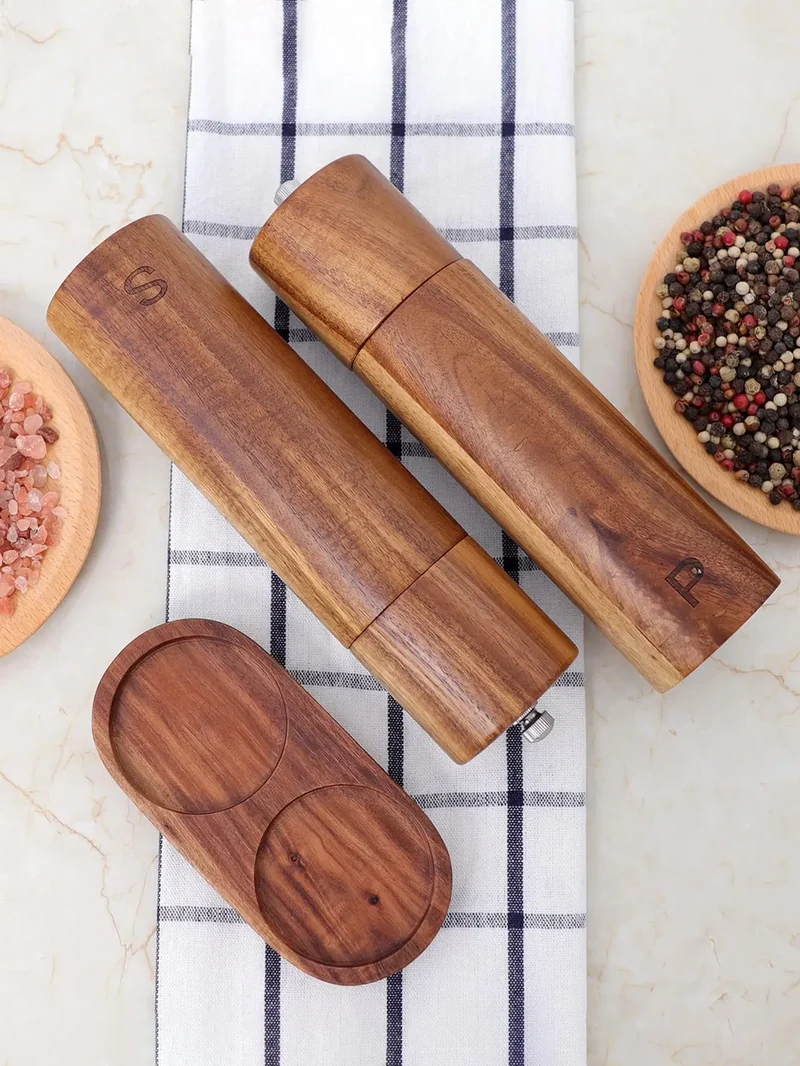 Luxueuze Houten Zout- en Pepermolen Set met Dienblad – WoodSpice