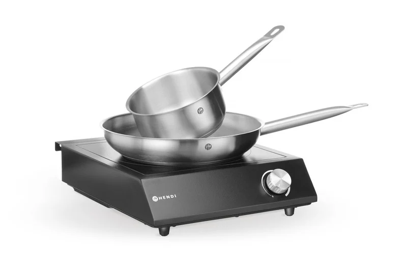 HENDI Set: Induktionskocher 3500 W + Stielkasserolle + Bratpfanne – 230 V / 3500 W – Schwarz – 320 × 395 × H 95 mm