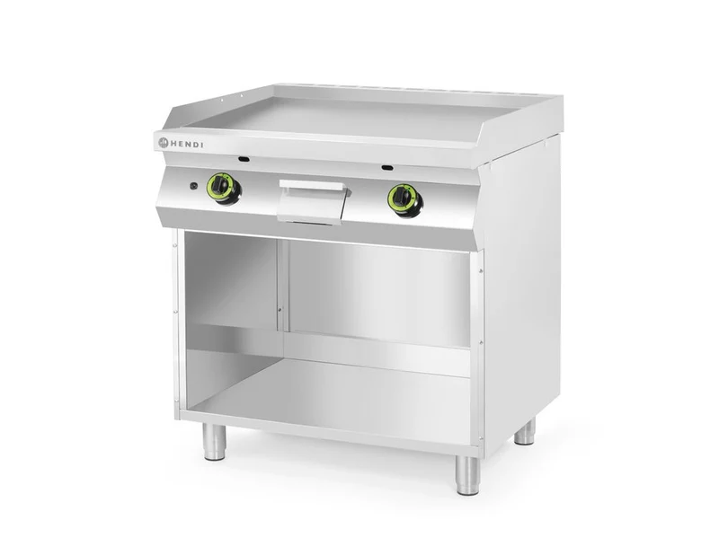 HENDI Gasgrillplatte, glatt, mit auf 3 Seiten geschlossenem Unterschrank – Kitchen Line – 10 kW – 800 × 700 × H 900 mm