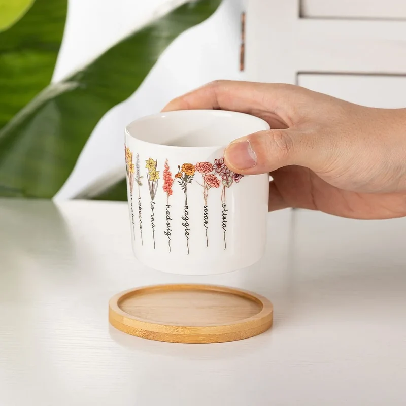 BloomPot Set | Gepersonaliseerde Geboortebloem Plantenpot – Schattige Keramische Cactuspot met Drainage voor Binnengebruik
