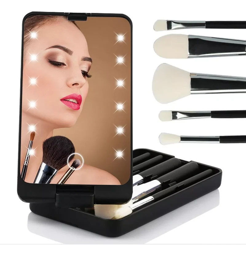 BloomBeauty Set | Gepersonaliseerde Geboortebloem Make-up Kwasten met LED Spiegel – Het Perfecte Cadeau voor Haar