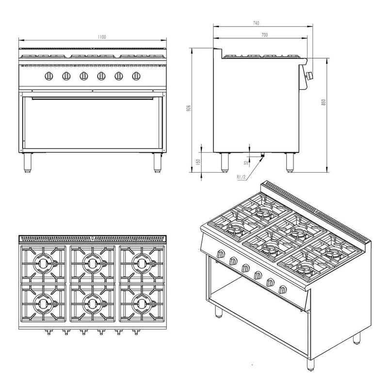 Vaiotec Gasherd Easyline 1100x700x850mm 6 Brenner 43,2kW offener Unterbau inkl. Kamin Ausstellungsstück