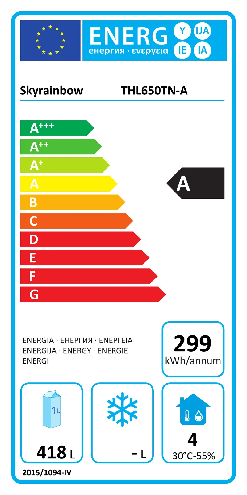Skyrainbow Edelstahlkühlschrank, Inhalt 610 Liter, GN2/1, Energie-Effizienz A