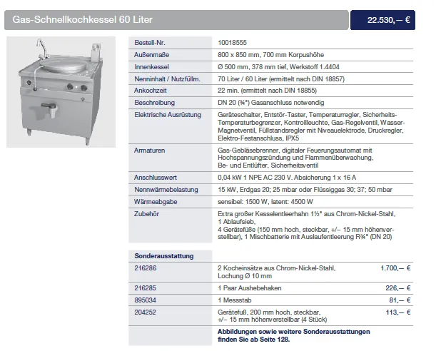 MKN Schnellkochkessel OPTIMA 850 Gas 60L 15kW 230 V Vorführgerät neu