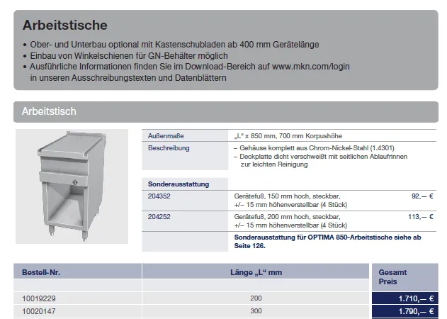MKN Arbeitstisch OPTIMA 850 300x850x880mm gebraucht