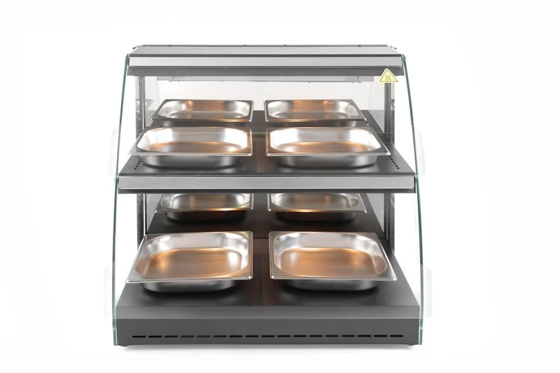 HENDI Warmhaltevitrine mit Quarzheizung – 2 Regalböden – 230 V / 560 W – 650 × 485 × 630 mm