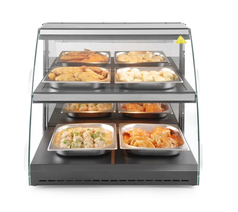 HENDI Warmhaltevitrine mit Quarzheizung – 2 Regalböden – 230 V / 560 W – 650 × 485 × 630 mm